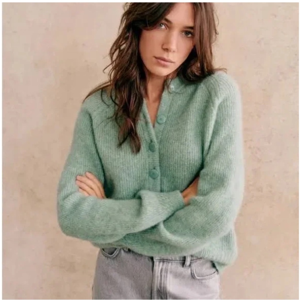 Sézane Mint Green Mohair-Blend Button Cardigan